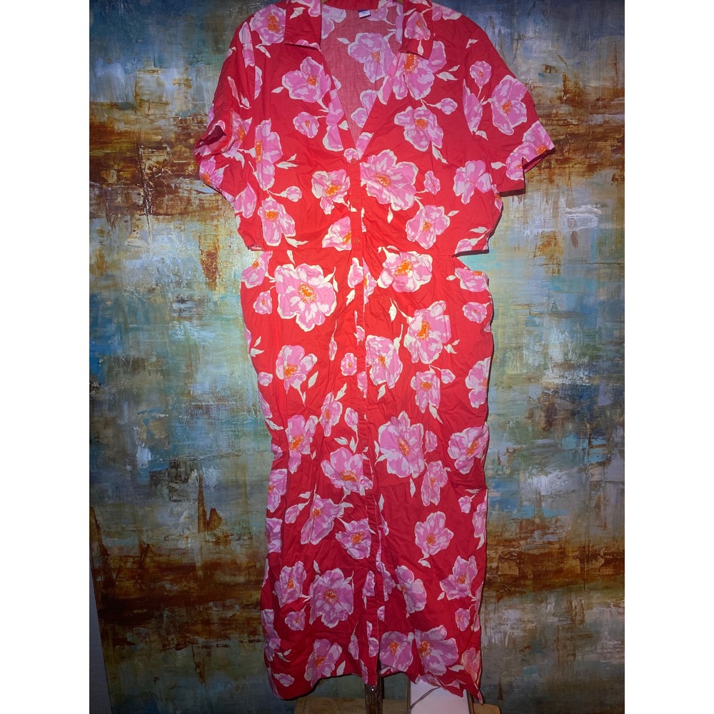 Old Navy Womens XXL Red Pink Floral Cotton Cut-Out Button Front Midi Dress